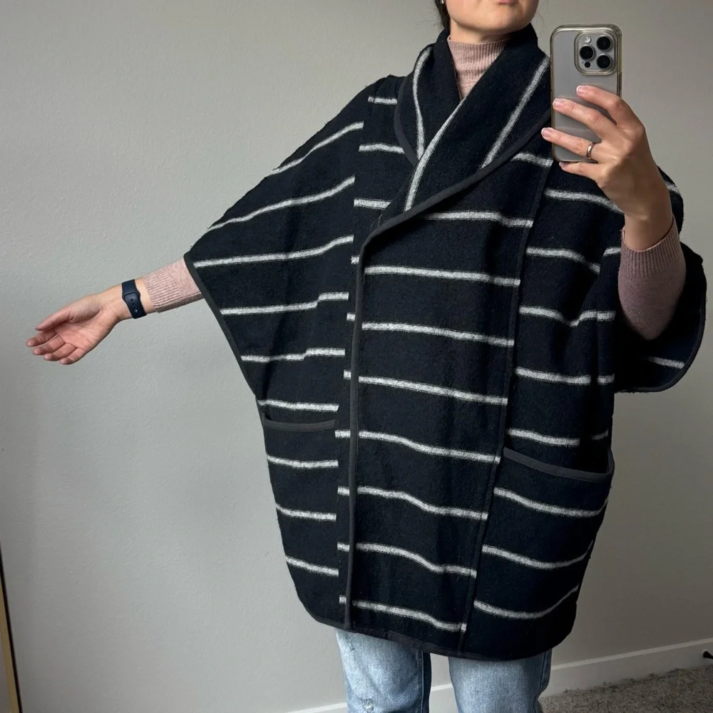 Free People Wool-Blend Striped Cape Coat – Black/Grey – XS (Oversized, Fits S–M) - Picture 4 of 16